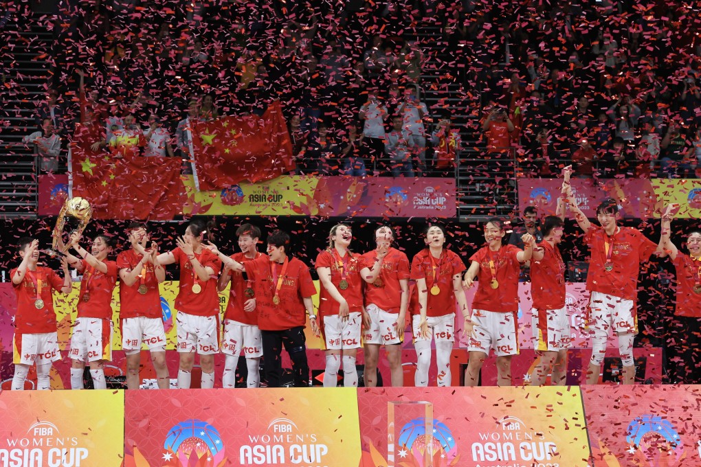 The China team celebrates winning the Fiba Women’s Asia Cup. Photo: EPA-EFE