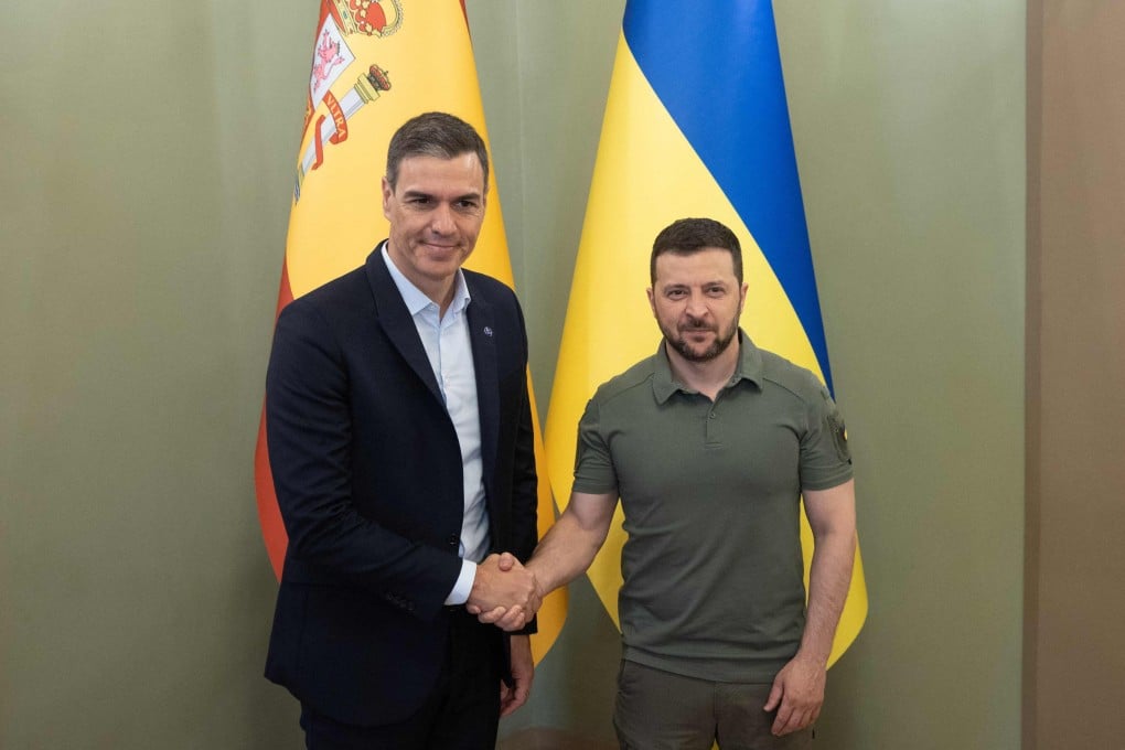 Ukrainian President Volodymyr Zelensky, right, and Spain’s Prime Minister Pedro Sanchez in Kyiv, Ukraine on Saturday. Photo: Handout / Ukrainian Presidential Press Service / AFP