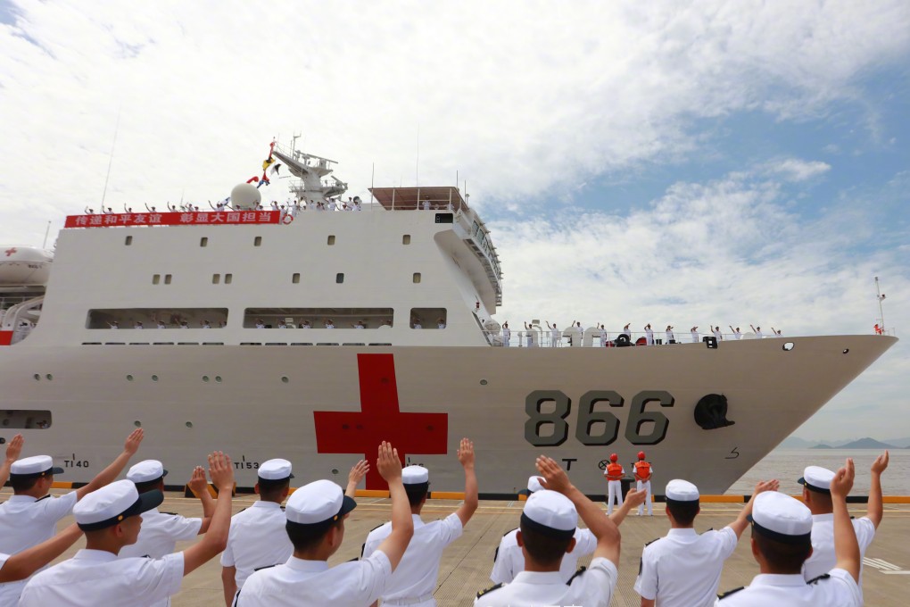 PLA Navy hospital ship the Peace Ark prepares to leave Zhoushan, in eastern China, on Monday. Photo: Weibo