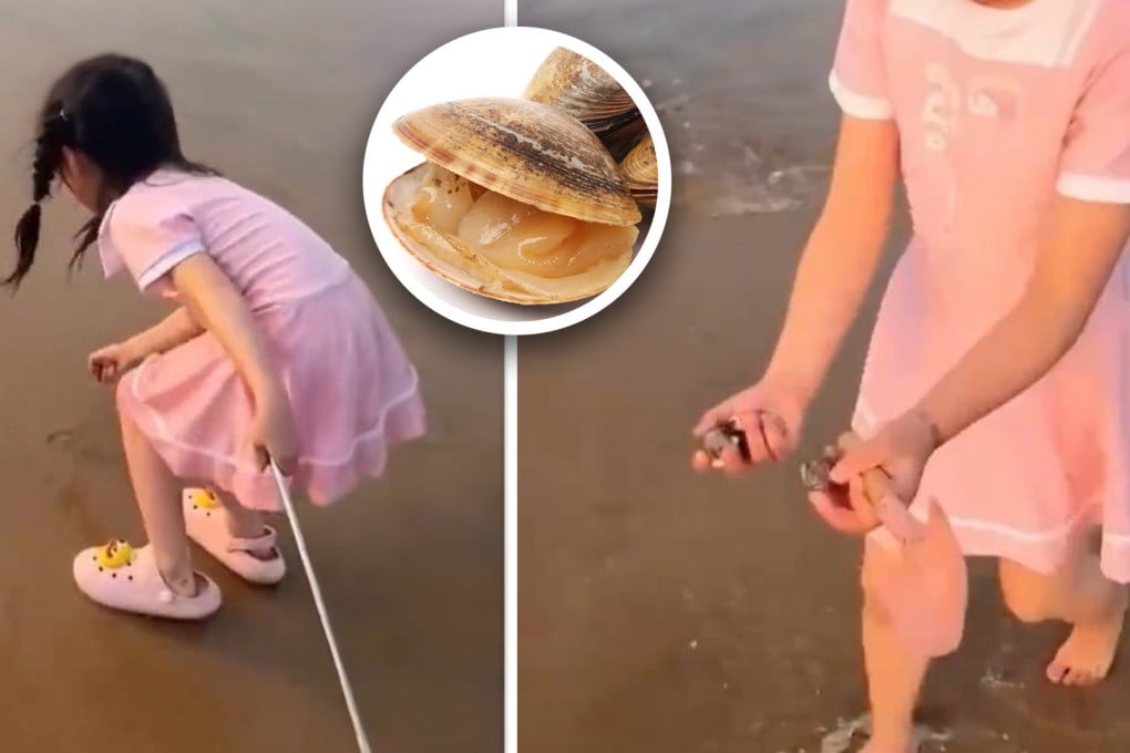 The man’s two daughters were playing on the beach with a net and a shovel and soon found the clams he buried there. Photo: SCMP composite/Douyin/Qilu Evening News