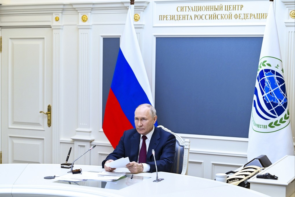 Russian President Vladimir Putin attends the Shanghai Cooperation Organisation summit via video link from the Kremlin on Tuesday. Photo: AP