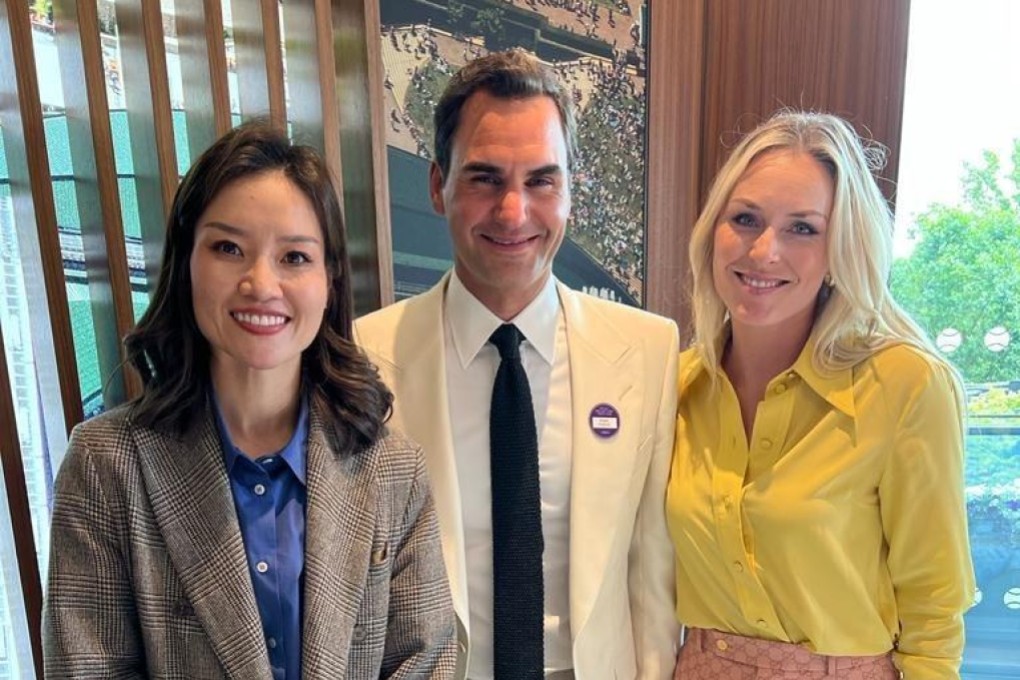Li Na (left) poses for a picture with Roger Federer and Linsey Vonn at Wimbledon. Photo: Instagram/@linseyvonn