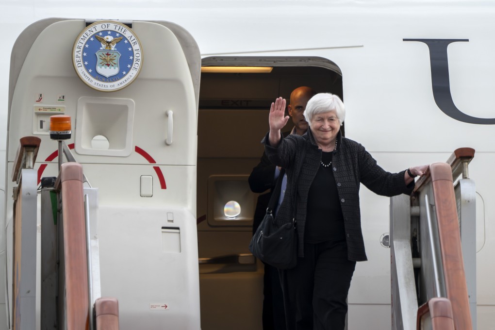 US Treasury Secretary Janet Yellen waves as she arrives at Beijing Capital International Airport. Photo: AP