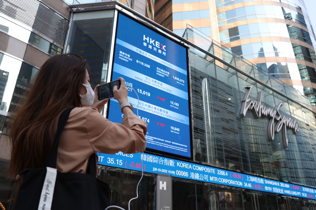 An electronic billboard displays Hang Seng Index figures outside the Hong Kong stock exchange in Central on October 28, 2022. Photo: Yik Yeung-man