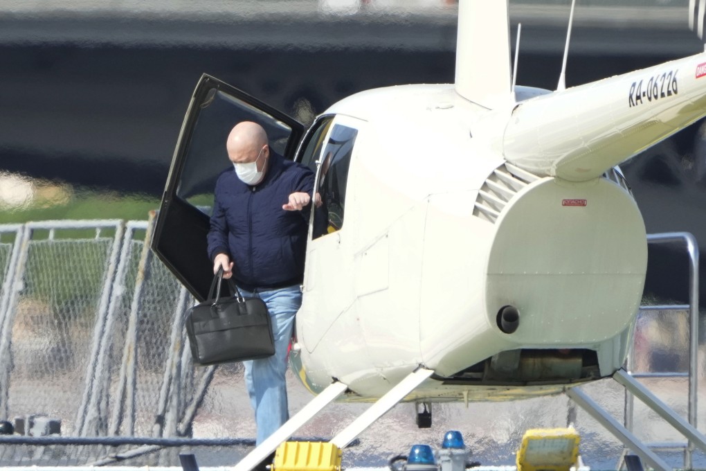 Wagner’s Yevgeny Prigozhin arriving by a helicopter in Petersburg, Russia, in May. Photo: AP