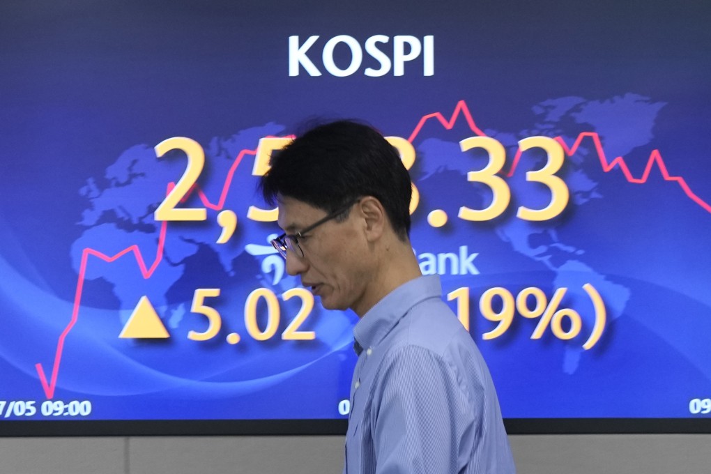 A currency trader walks by the screen showing the Korea Composite Stock Price Index (KOSPI) at a foreign exchange dealing room in Seoul on July 5. It has not been a good year so far for Asian markets. Photo: AP