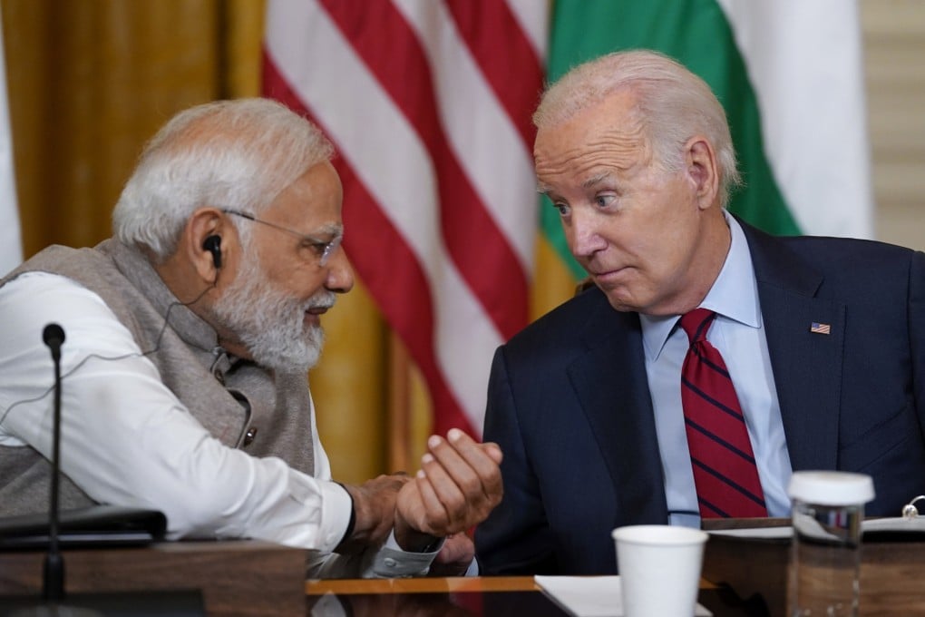 US President Joe Biden (right) speaks with India’s Prime Minister Narendra Modi during a meeting with American and Indian business leaders in the East Room of the White House in Washington on June 23. Modi’s US visit came as multinational corporations are increasingly looking to India as an option for diversifying away from China. Photo: AP