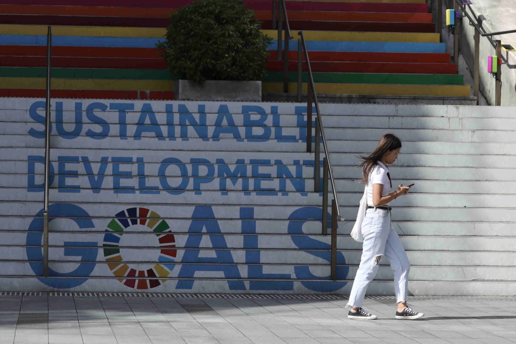 A staircase designed to state green goals on the campus of Chinese University Of Hong Kong, pictured on June 19, 2023. Photo: Xiaomei Chen