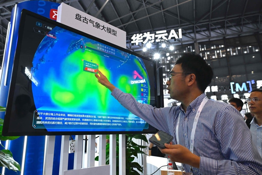 A Huawei employee explains the AI weather model during the World Artificial Intelligence Conference in Shanghai on Friday. Photo: AFP