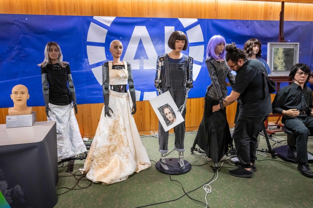 AI robots are showcased at the International Telecommunication Union (ITU) AI for Good Global Summit in Geneva, Switzerland on Friday. From left, standing: Mika, Sophia, Ai-Da, Desdemona and Grace. Sitting, far right: Geminoid HI-2. Photo: AFP