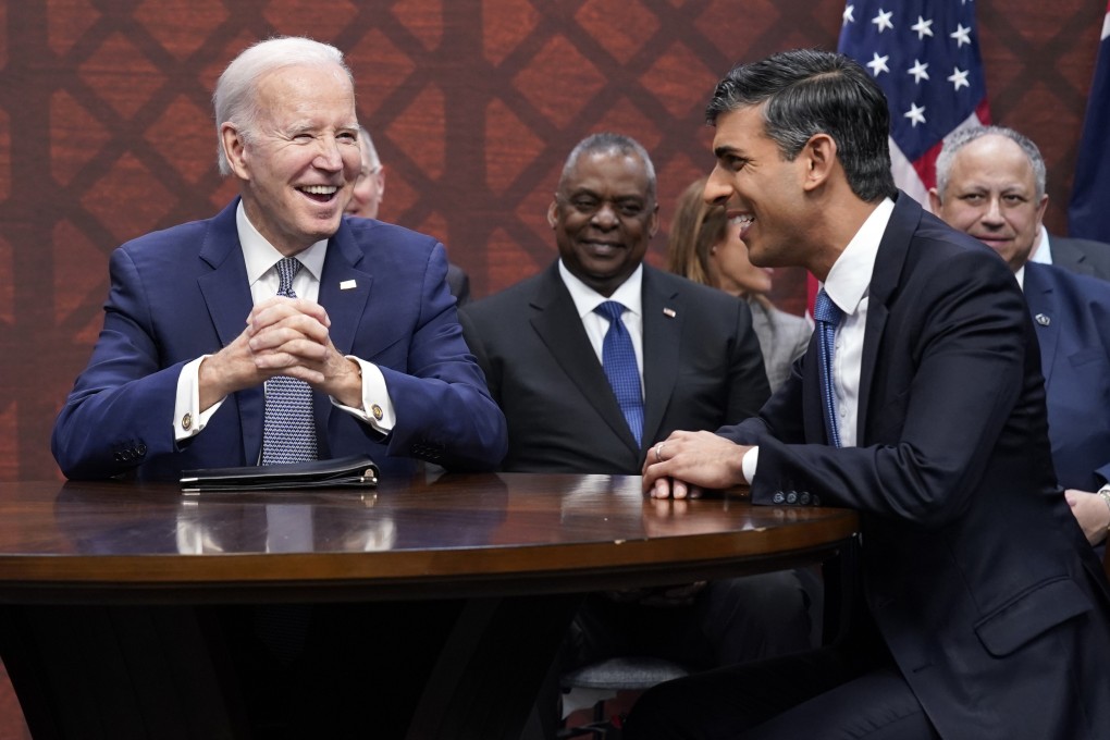 US President Joe Biden with British Prime Minister Rishi Sunak, right, and Australian Prime Minister Anthony Albanese in the US in March. 13, Biden will meet Sunak next week as he travels through Europe. Photo: AP