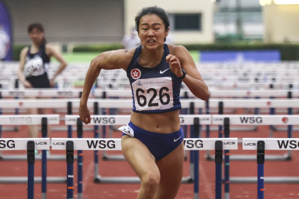 The 2023 Hong Kong Athletics Championships women’s 100m hurdles winner Vera Lui Lai-yiu in action at Wan Chai Sports Ground. Photo: Jonathan Wong