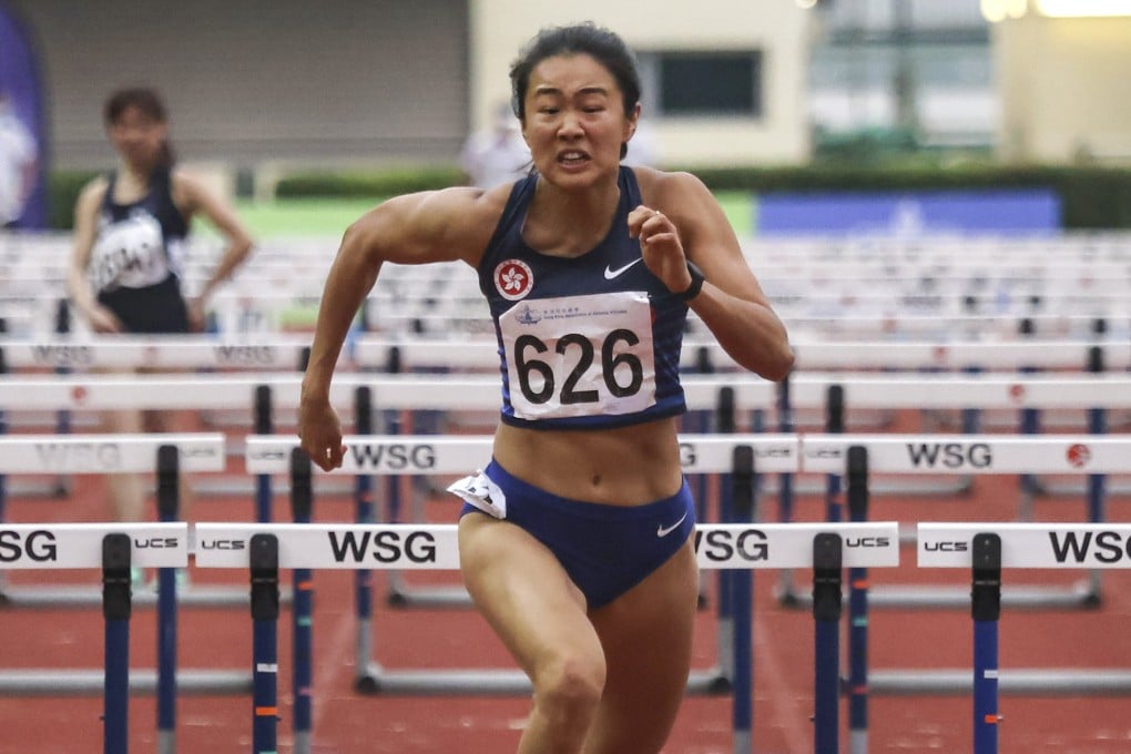 The 2023 Hong Kong Athletics Championships women’s 100m hurdles winner Vera Lui Lai-yiu in action at Wan Chai Sports Ground. Photo: Jonathan Wong