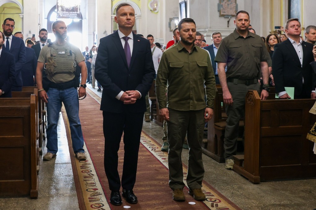 Polish President Andrzej Duda, left, and Ukrainian President Volodymyr Zelensky at the Cathedral of the Holy Apostles Peter and Paul in Lutsk, Ukraine on Sunday. Photo: EPA-EFE
