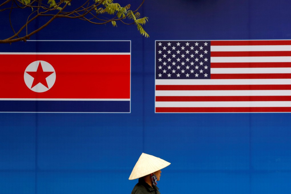 The North Korean and US flags are seen in Hanoi in 2019. North Korea has denounced US moves to bring nuclear submarines to the Korean peninsula. Photo: Reuters
