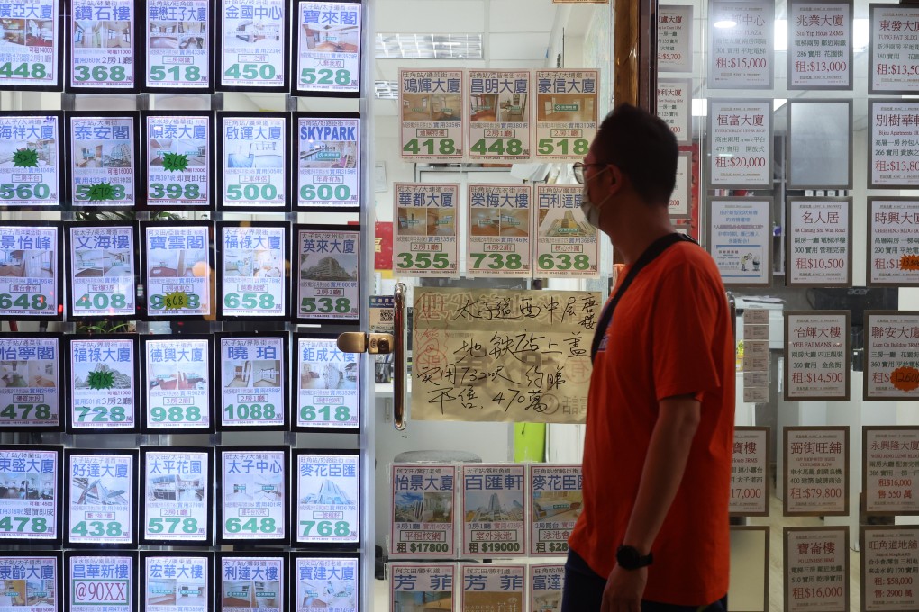 A man checks residential property advertisements displayed in Mong Kok on July 7, 2023. The government has eased mortgage rules for the first time since 2009. Photo: Edmond So