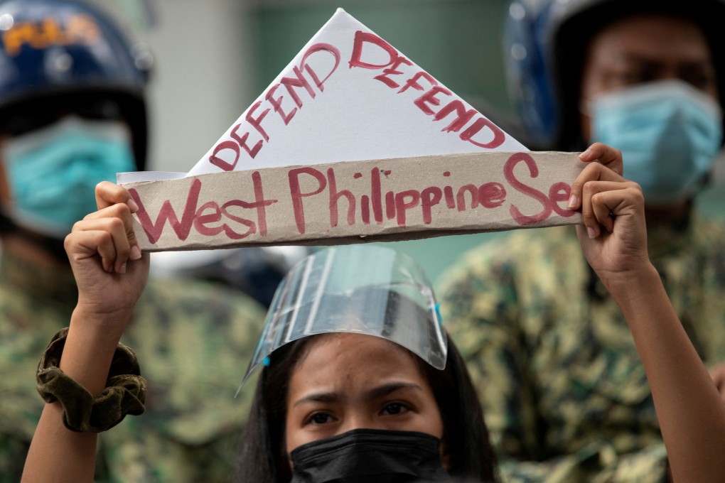 An activist protests outside the Chinese consulate in Manila in 2021. Philippine-China have been strained amid growing tensions in the South China Sea. Photo: Reuters