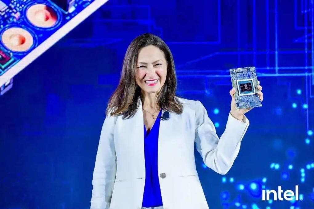 Intel Corp executive vice-president Sandra Rivera presents the company’s Gaudi2 processor, designed for artificial intelligence deep-learning applications, at a press conference in Beijing on July 11, 2023. Photo: Handout