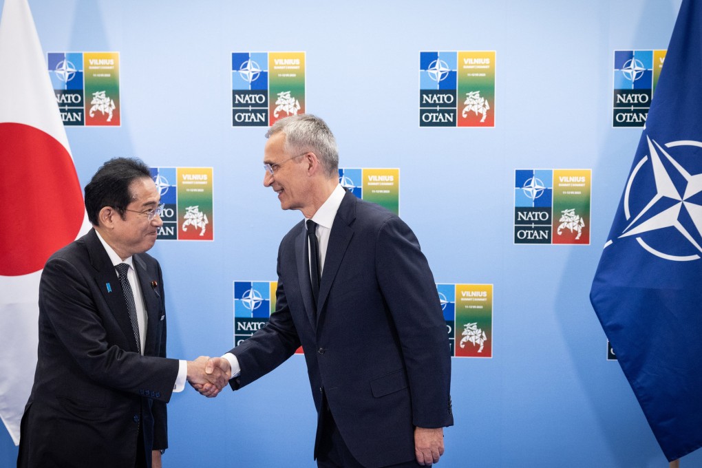 Nato Secretary General Jens Stoltenberg (right) shakes hands with Japanese Prime Minister Fumio Kishida at the Nato summit in Vilnius, Lithuania on Wednesday. Photo: Nato/dpa