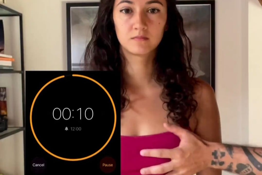 Users are posting videos of themselves looking into the camera as their bodies are touched, while a stopwatch runs for 10 seconds. Photo: Instagram via @heycamilli