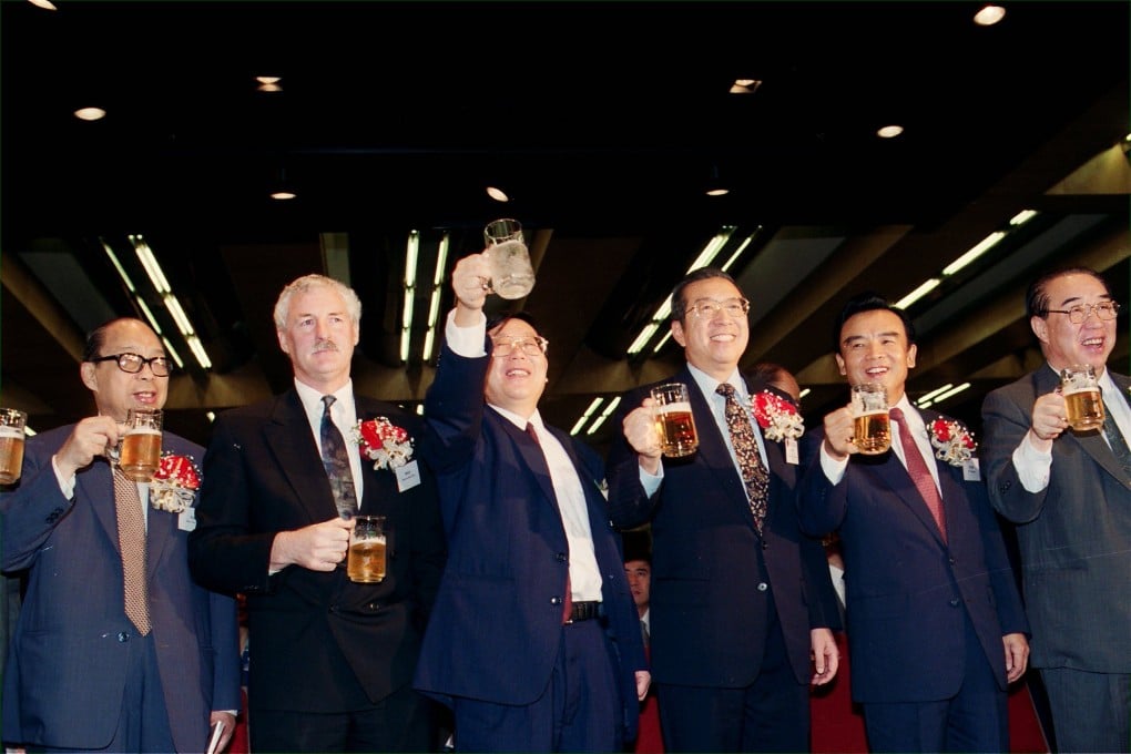 Guests toast the successful listing of Tsingtao on the Hong Kong stock exchange on July 15, 1993. Photo: SCMP Pictures