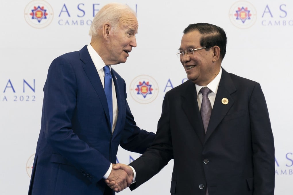 US President Joe Biden shakes hands with Cambodian Prime Minister Hun Sen before their meeting at November’s Asean summit in Phnom Penh. Photo: AP