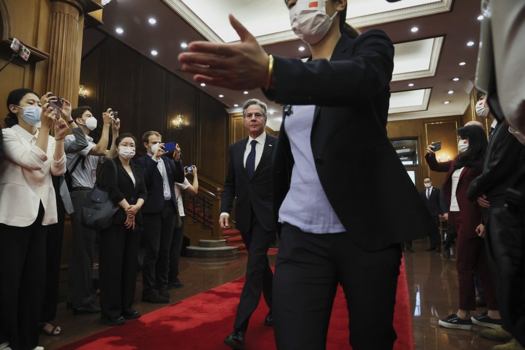 US Secretary of State Antony Blinken (centre) walks to a meeting with China’s top diplomat Wang Yi at the Diaoyutai State Guesthouse in Beijing on June 19. Photo: AP