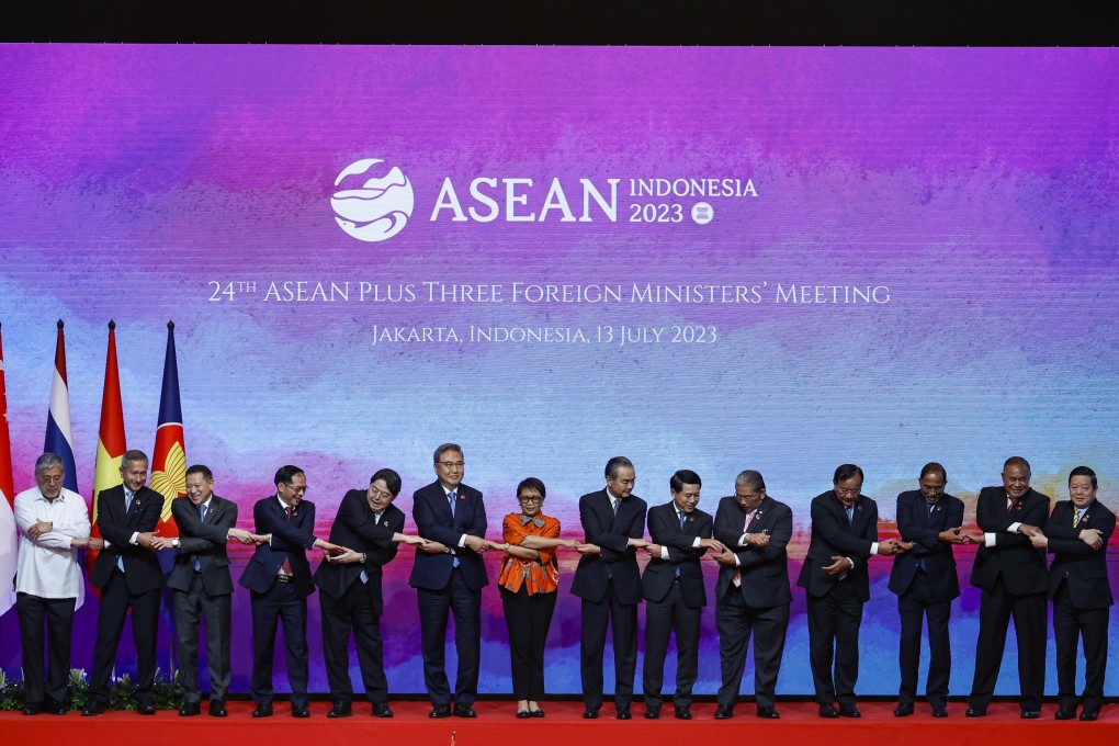 Asean foreign ministers link hands to demonstrate unity at a meeting of the group’s foreign ministers in Jakarta, Indonesia. Photo: EPA-EFE