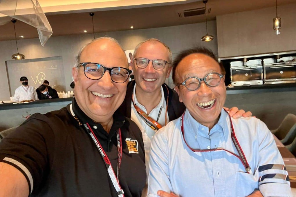 Singapore’s Transport Minister S. Iswaran (left) with Formula One group chief executive Stefano Domenicali and HPL co-founder Ong Beng Seng (right) during the 2022 Singapore Formula One grand prix. Photo: Facebook/SIswaran