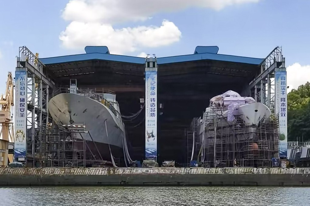 China is expected to launch its Type 054B frigate, shown here on the left next to its predecessor, by the end of the year. Photo: Weibo