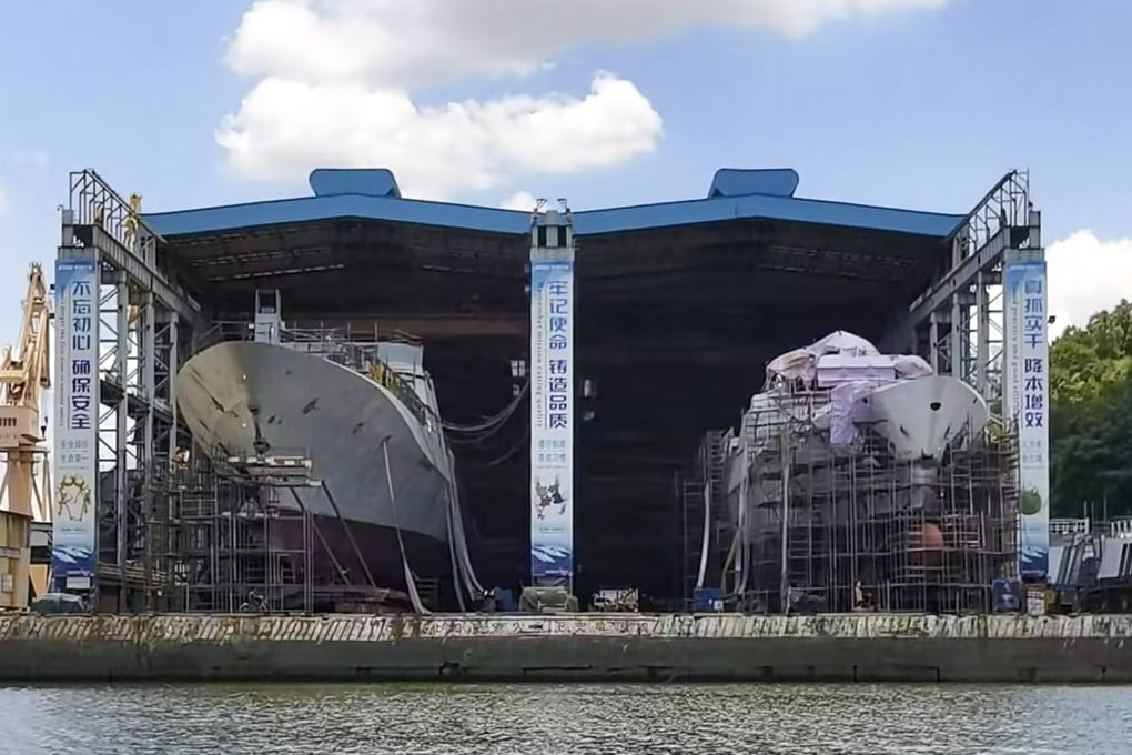 China is expected to launch its Type 054B frigate, shown here on the left next to its predecessor, by the end of the year. Photo: Weibo