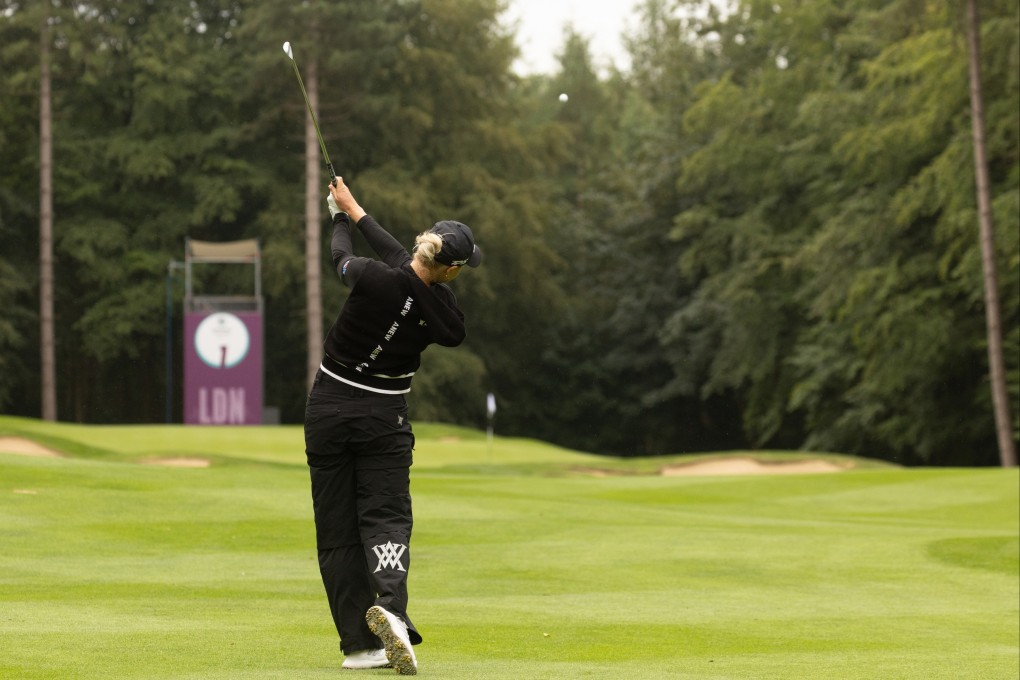 Charley Hull hits her approach into the seventh green during the first round of the Aramco Team Series. Photo: LET