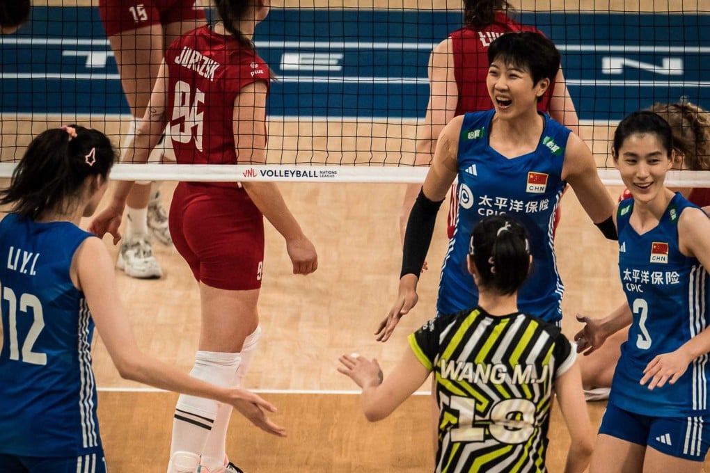 China’s captain Yuan Xinyue (second from right) celebrates during the semi-final win over Poland. Photo: Volleyball Nations League
