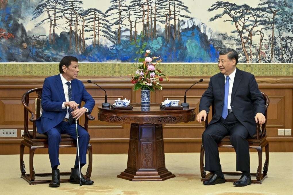 Former Philippine president Rodrigo Duterte, left, meets Chinese President Xi Jinping at the Diaoyutai State Guesthouse in Beijing on Monday, July 17, 2023. Photo: Xinhua
