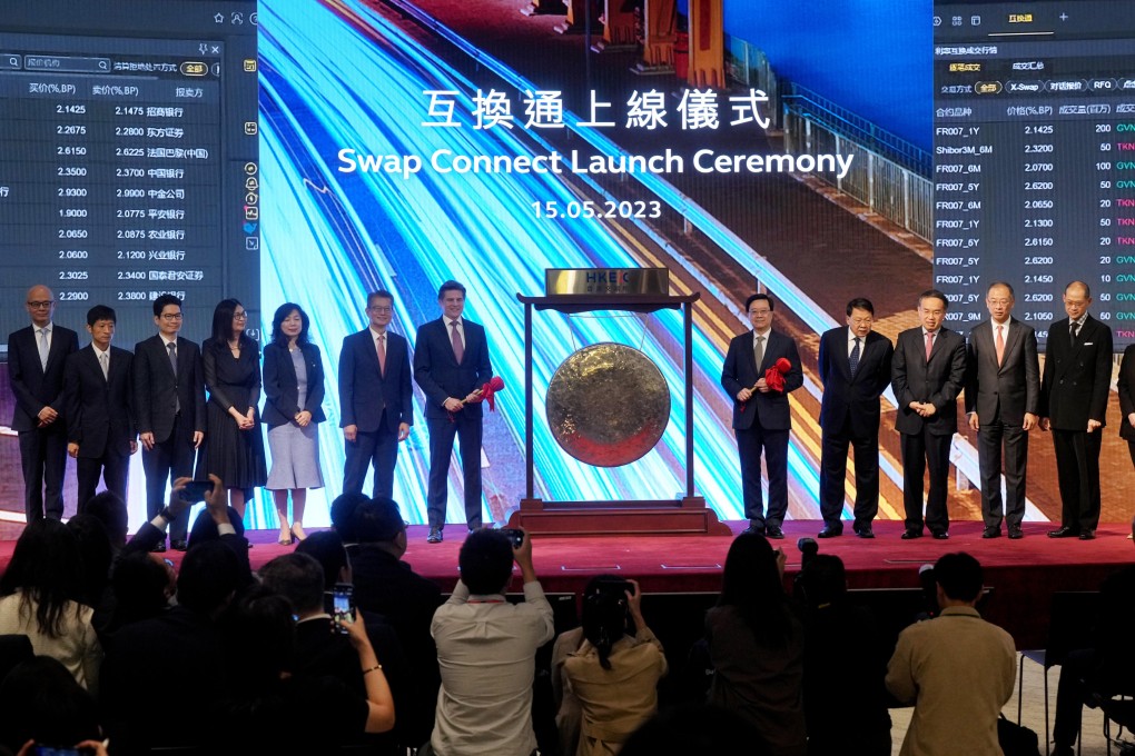 The launch of the northbound Swap Connect in Hong Kong on May 15. Swap Connect is one of five groundbreaking programmes that allow foreign and domestic investors in China to access the other’s securities markets. Photo: Elson Li