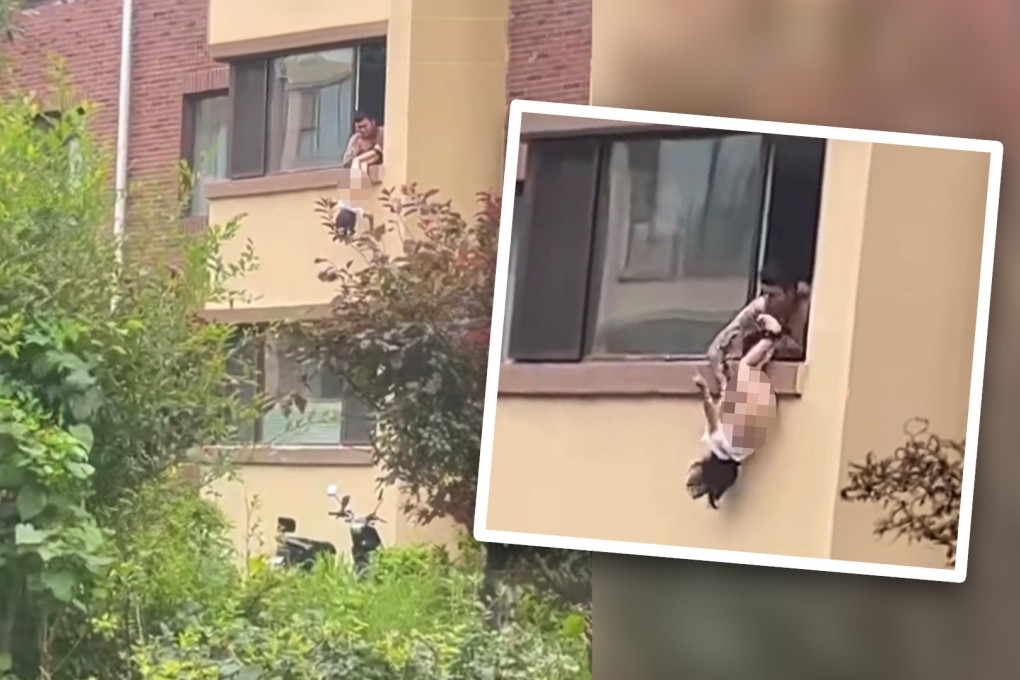 A father in China who dangled his young daughter upside down from the window of their second-floor flat to punish her for urinating in the wrong place has been widely condemned on mainland social media. Photo: SCMP composite/Baidu