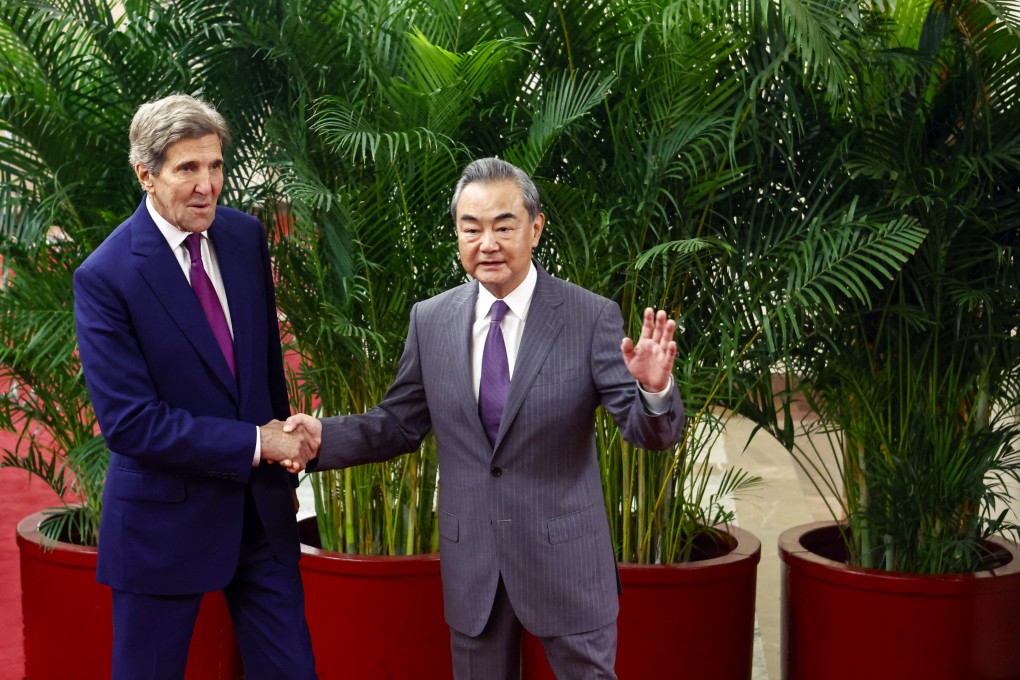 US climate envoy John Kerry and China’s foreign policy chief Wang Yi pictured ahead of their meeting in Beijing. Photo: AP