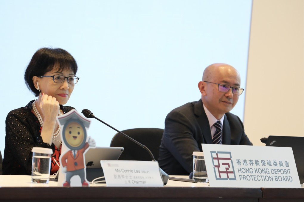 Hong Kong Deposit Protection Board Chairman Connie Lau Yin-hing (left) and Chief Executive Director Daryl Ho Hon-kit meet the press in Central on July 13. Photo: Xiaomei Chen
