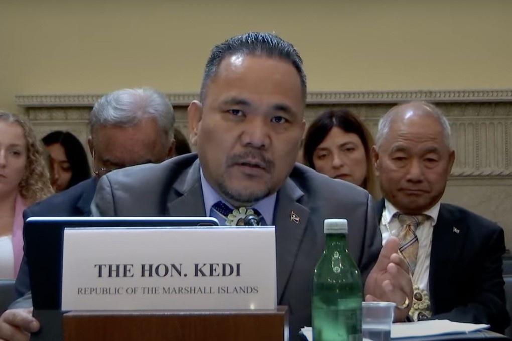 A screenshot of Kenneth Kedi, speaker of parliament of the Marshall Islands, testifying before a US House panel in Washington on Tuesday.