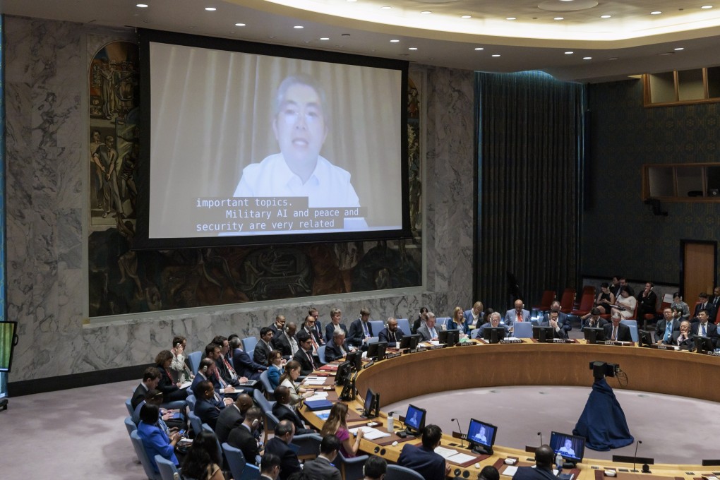 Professor Yi Zeng of The Alan Turing Institute is seen on a screen as he speaks during a United Nations Security Council meeting called to address the growing influence of artificial intelligence at United Nations headquarters in New York on July 18. Photo: EPA-EFE