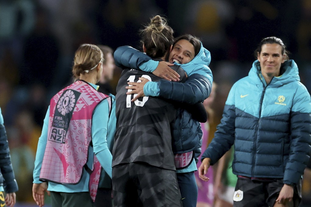 Australia’s Sam Kerr (right) hugs goalkeeper Mackenzie Arnold after the 1-0 win over Ireland at Stadium Australia in Sydney. Photo: AP