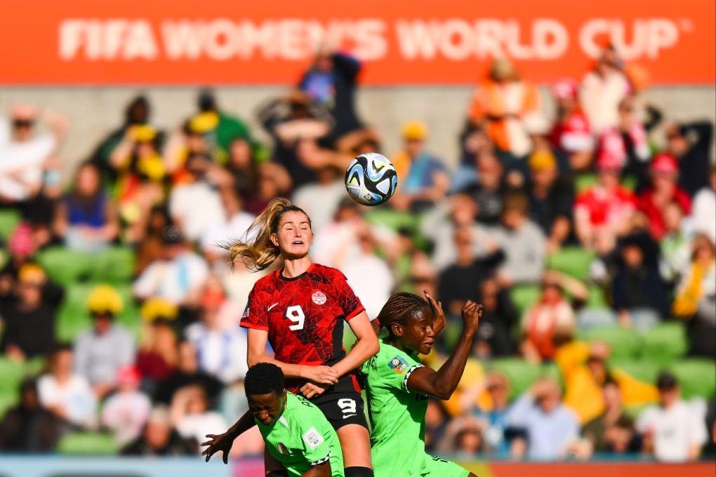 Canada’s Jordyn Huitema outjumps Nigeria’s Christy Ucheibe (right) during their side’s Group B match in Melbourne. Photo: EPA-EFE