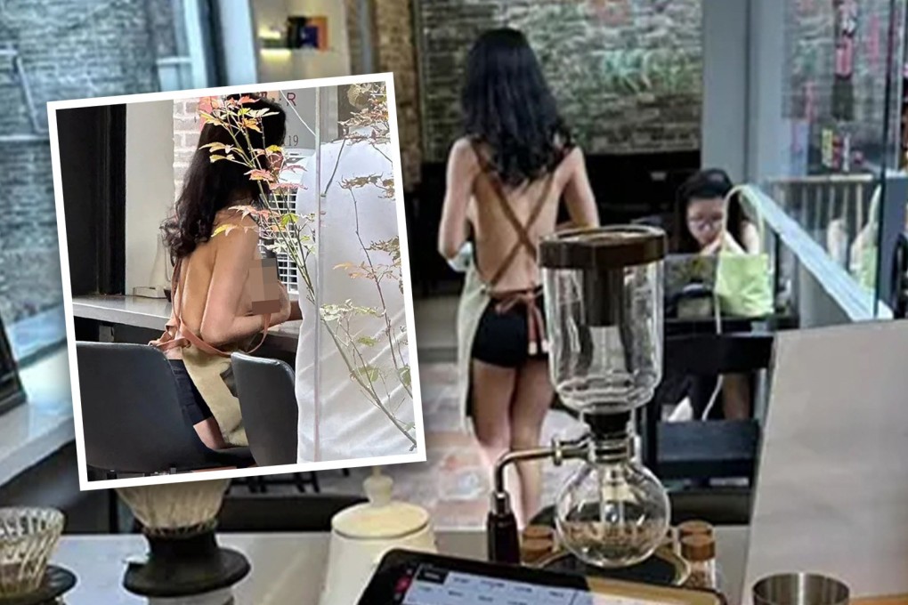 A viral video showing a scantily-clad woman “working” in a coffee shop in China has sparked a debate on mainland social media about the right to dress as one likes. Photo: SCMP composite/Next Apple