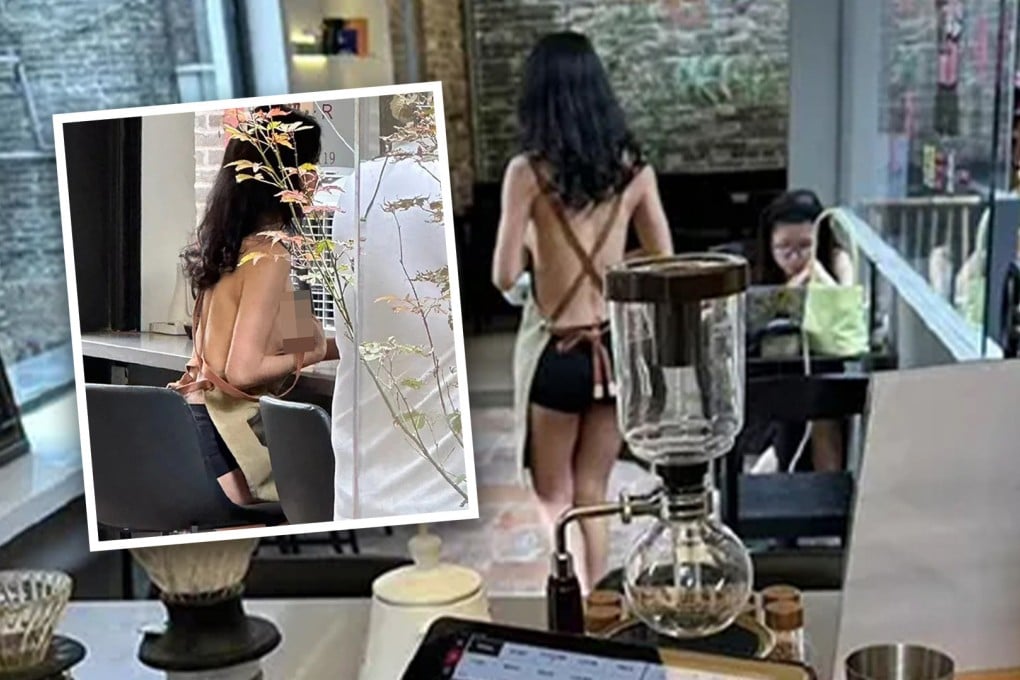 A viral video showing a scantily-clad woman “working” in a coffee shop in China has sparked a debate on mainland social media about the right to dress as one likes. Photo: SCMP composite/Next Apple