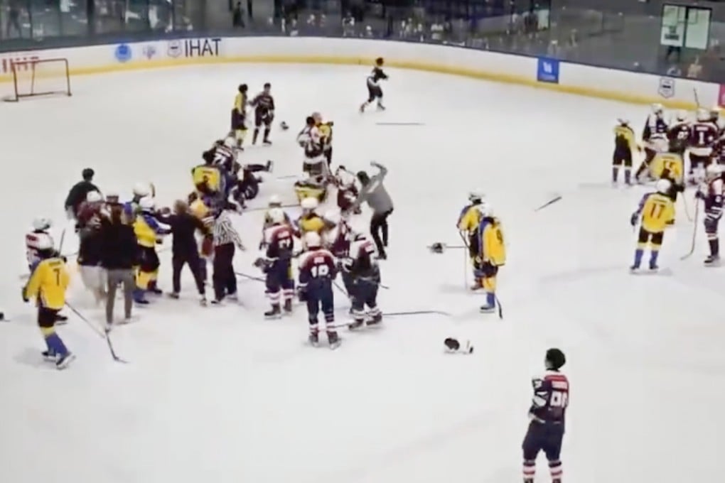 A screenshot from a viral online video showing the clash between Hong Kong and Thai ice hockey players. Photo: Twitter/@BR_OpenIce