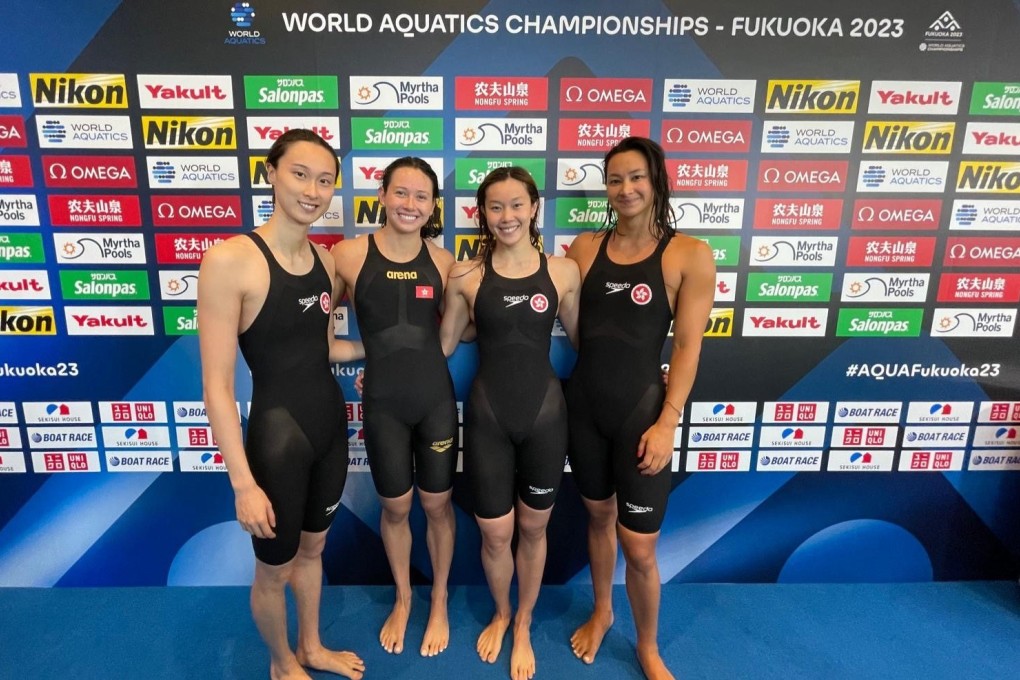 (From left) Tam Hoi-lam, Siobhan Haughey, Stephanie Au and Camille Cheng after breaking the city record in Fukuoka. Photo: Hong Kong Swimming Association