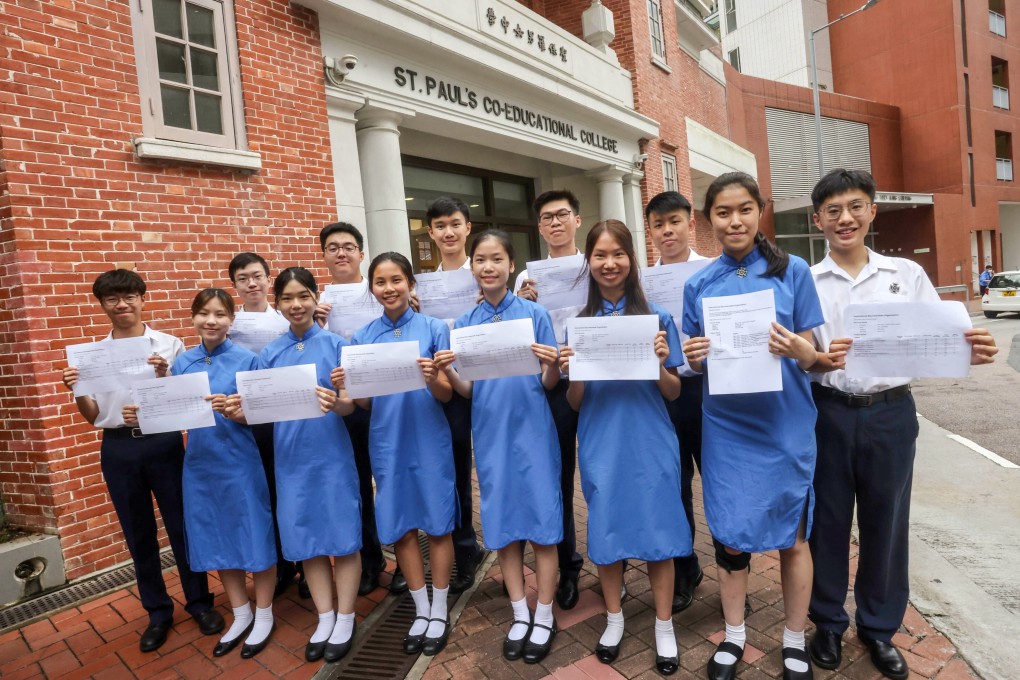 High-scoring pupils from St Paul’s Co-educational College show off their results. Photo: Jonathan Wong