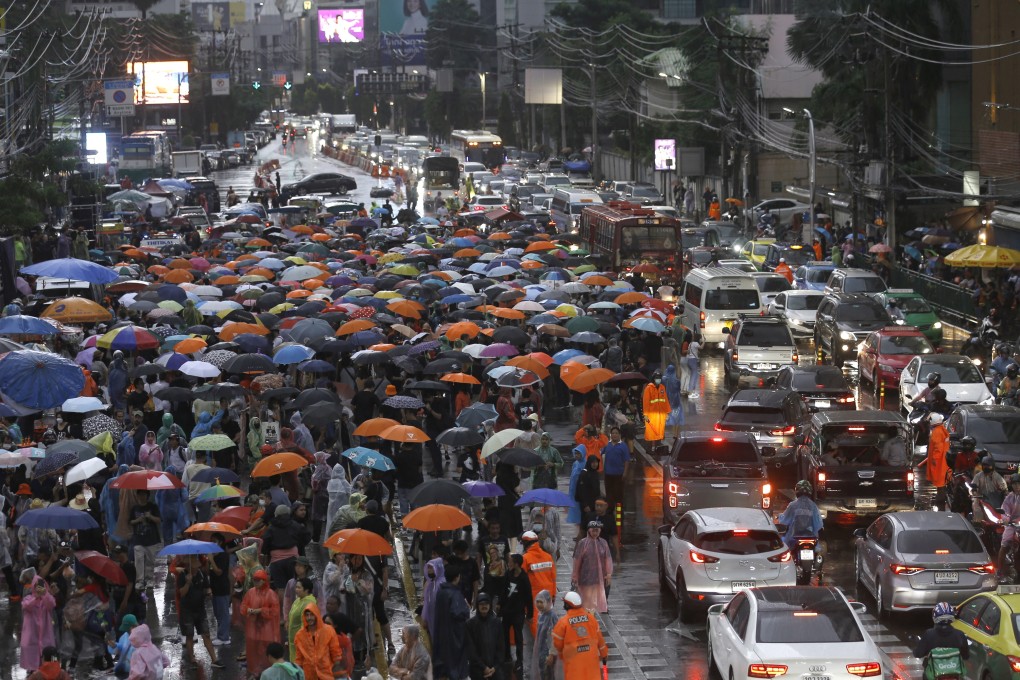 Move Forward Party supporters protest at Asok Intersection in Bangkok, Thailand on Sunday. Photo: EPA-EFE