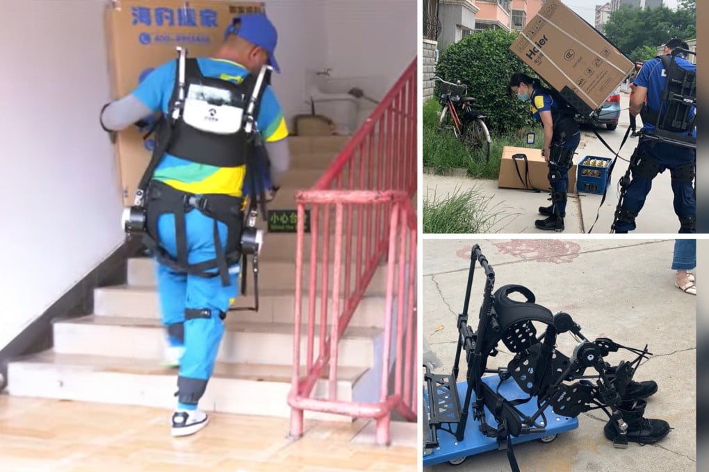 More moving companies in China are providing wearable exoskeleton suits to increase efficiency and prevent injuries to workers while meeting surging service demand. Photo: SCMP composite/CCTV