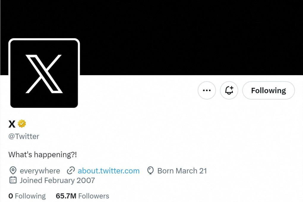 A screen capture of Twitter’s official page with an “X” on the profile image. Photo: Reuters